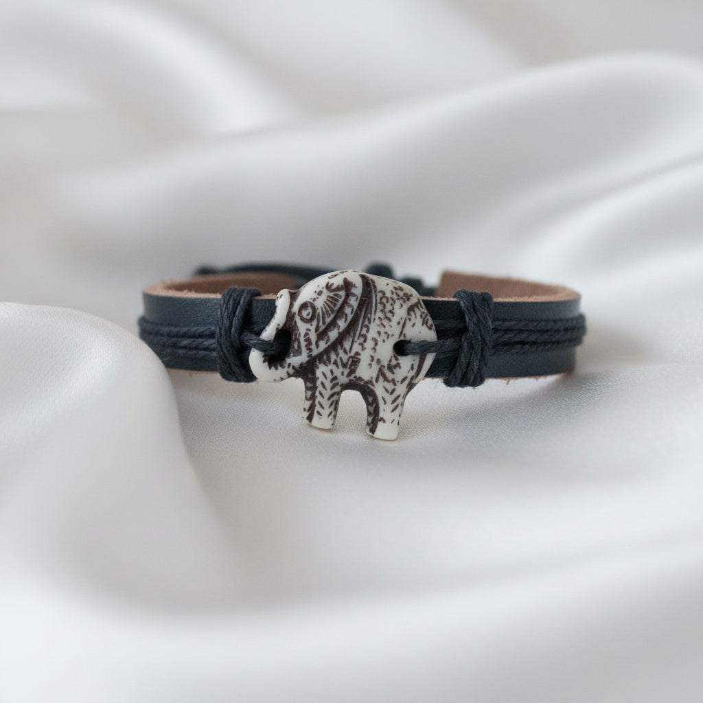 Leather Elephant Charm Adjustable Bracelet