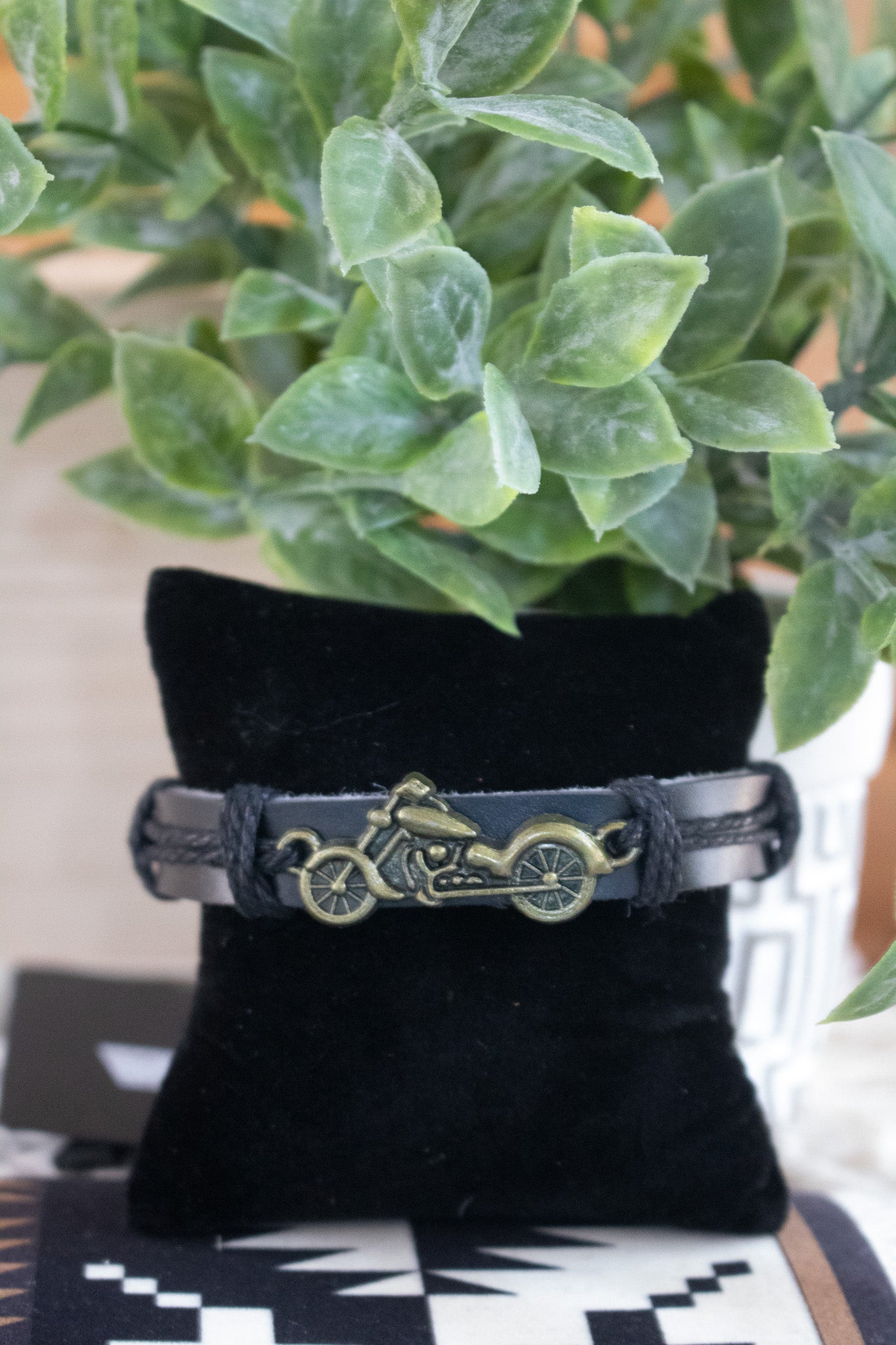 Black Leather and Jute Cord with Aluminum Motorcycle Charm Adjustable Bracelet