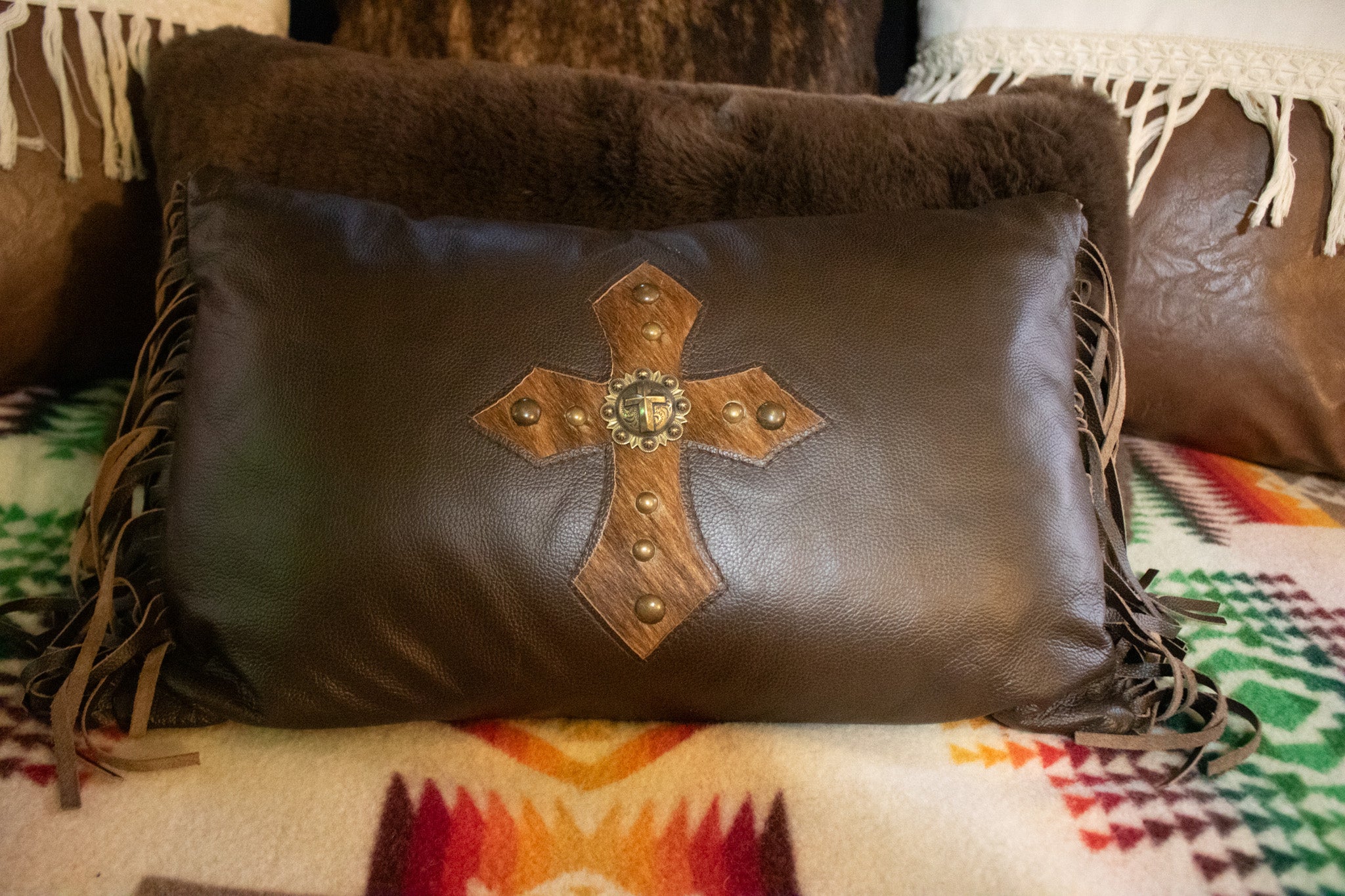 Leather Cowhide with Cross Accent Decorative Pillow