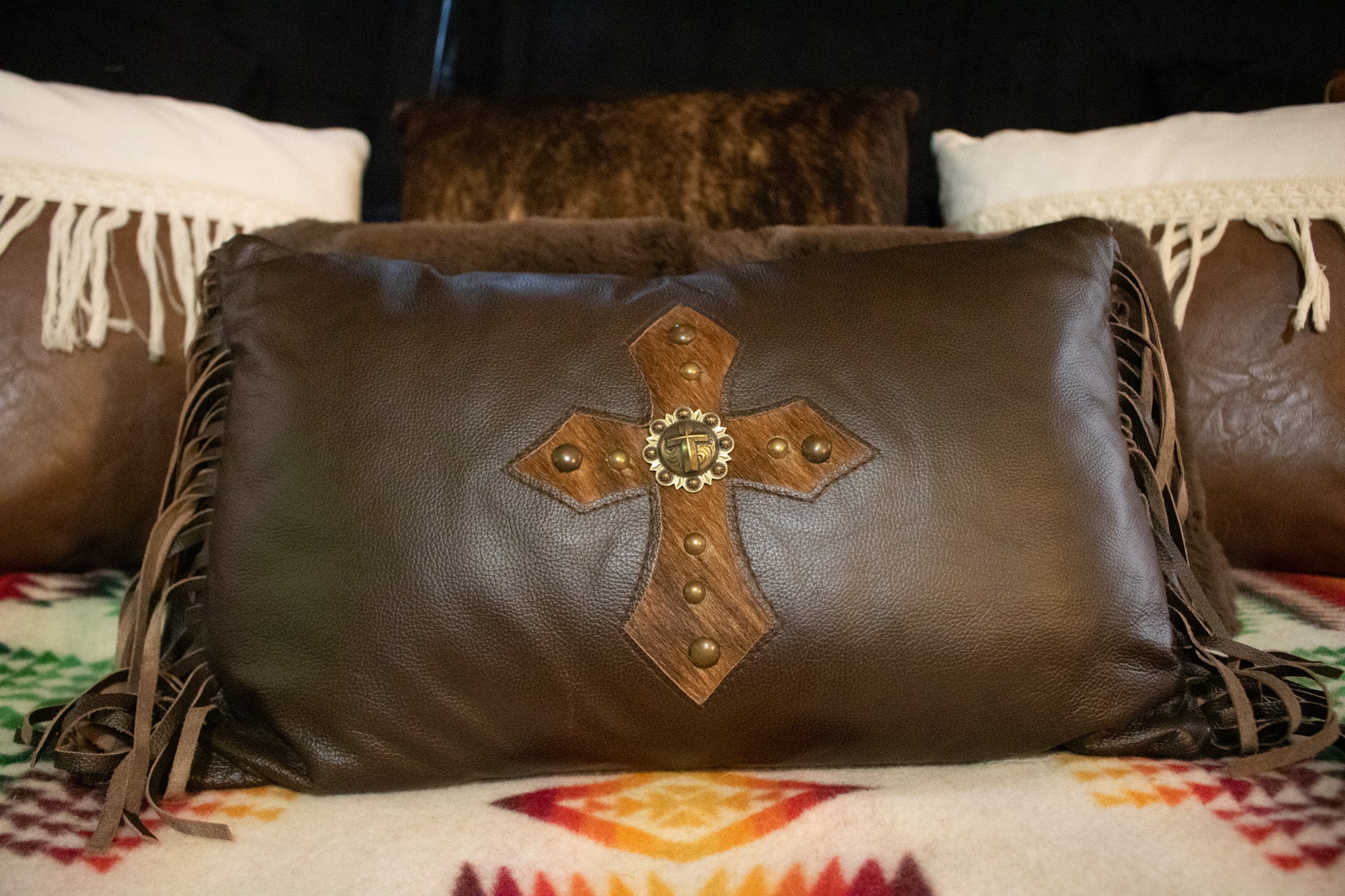 Leather Cowhide with Cross Accent Decorative Pillow