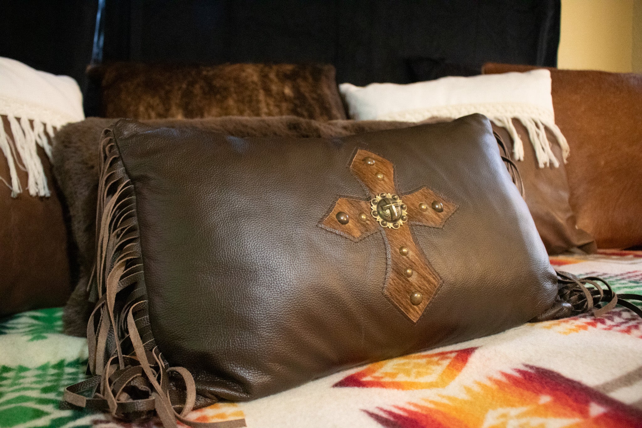 Leather Cowhide with Cross Accent Decorative Pillow