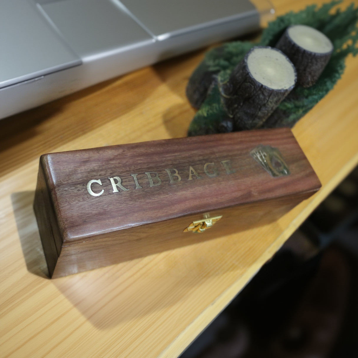 Wooden Cribbage Board Game Set with Playing Cards Storage Box Classic Tabletop Game