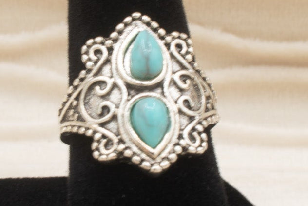 Silver Tone Faux Turquoise Ring Size 6.5