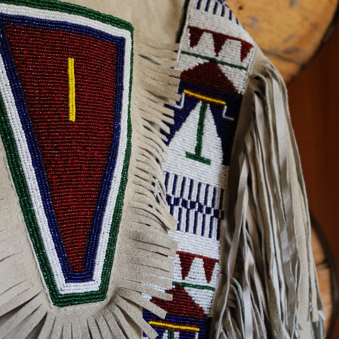 Native American Buffalo Hide Powwow Regalia Hand Beaded War Shirt with Fringe Size Large