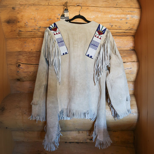 Native American Buffalo Hide Powwow Regalia Hand Beaded War Shirt with Fringe Size Large