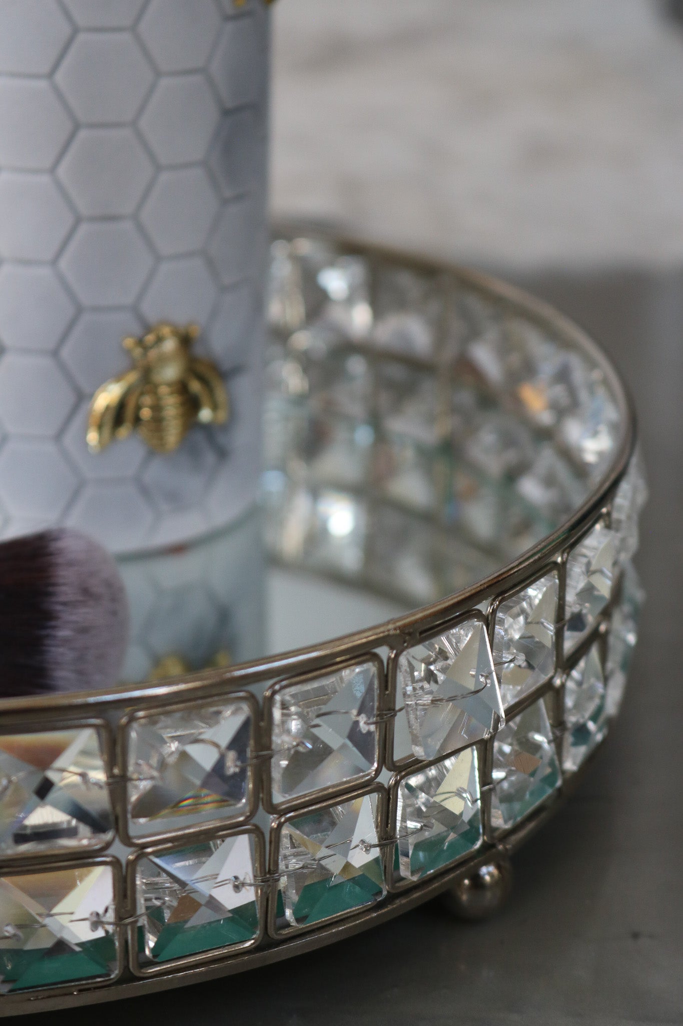 Elegant and Glamorous Gem-Lined Vanity Tray with Mirror