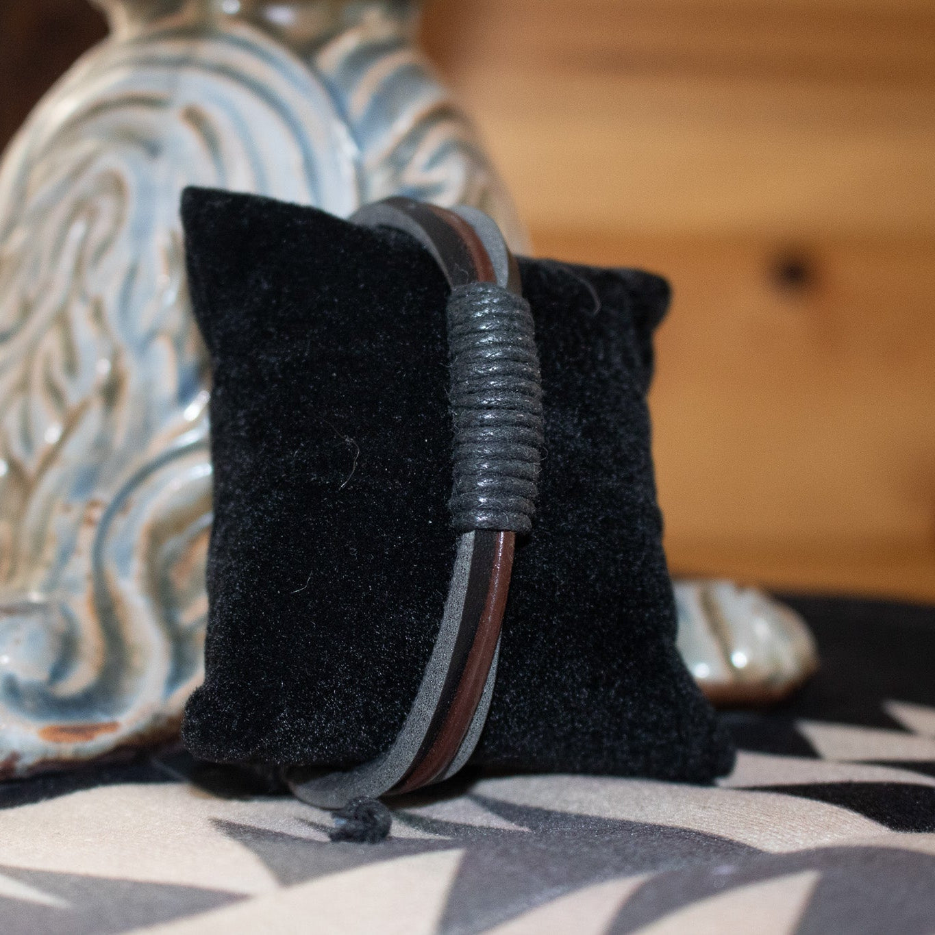 Black and Brown Leather Strap and Jute Cord Adjustable  Bracelet