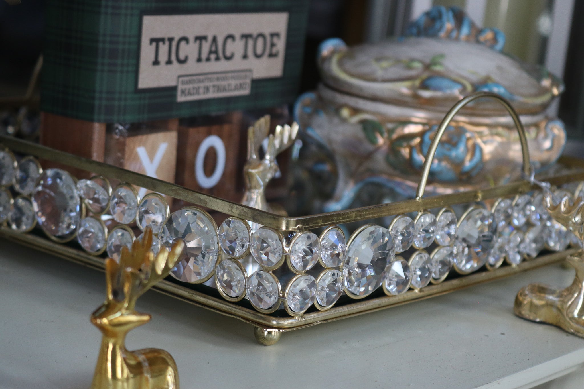 Elegant Mirror Catch-All Tray with Gold & Crystal Border and Handles