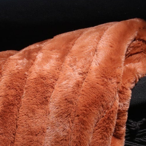 DKNY Wide Stripe Faux Fur Throw Soft Brown Blanket 50” x 70” for Ultimate Warmth and Style