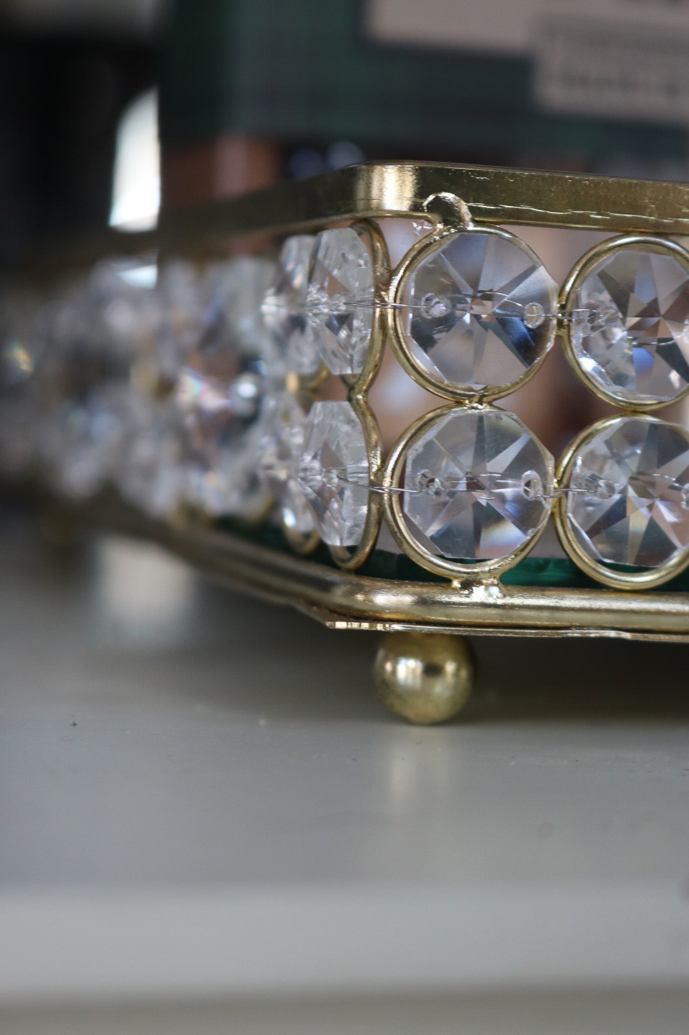 Elegant Mirror Catch-All Tray with Gold & Crystal Border and Handles