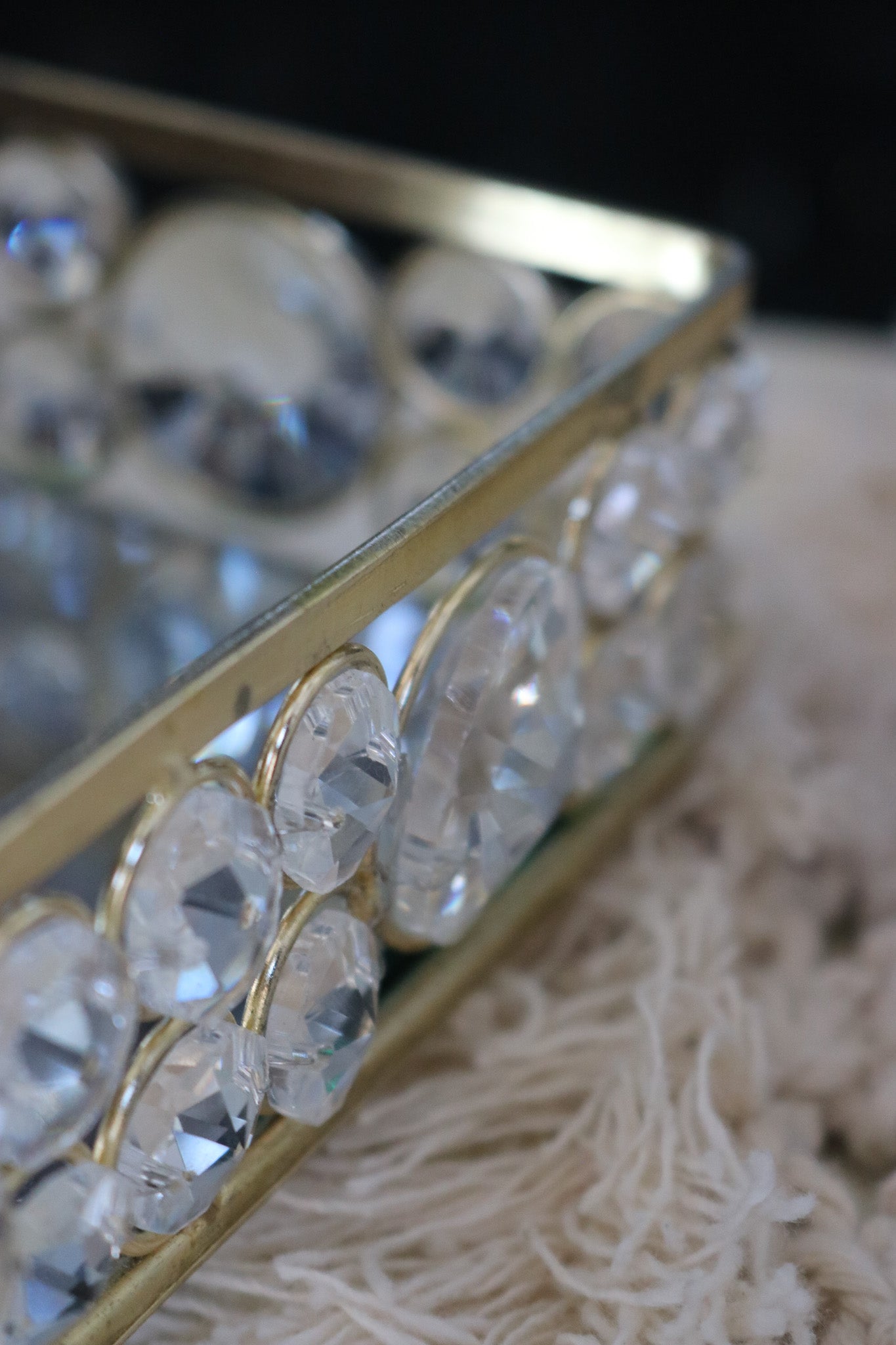 Elegant Mirror Catch-All Tray with Gold & Crystal Border and Handles