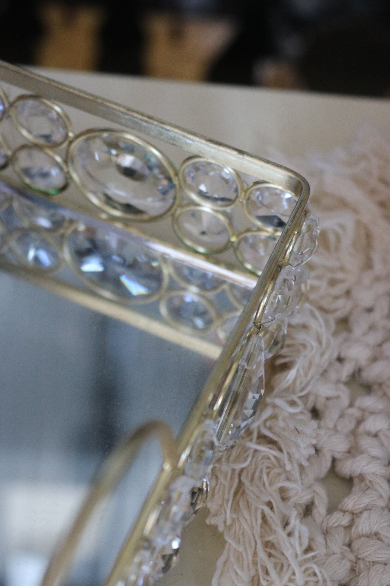 Elegant Mirror Catch-All Tray with Gold & Crystal Border and Handles