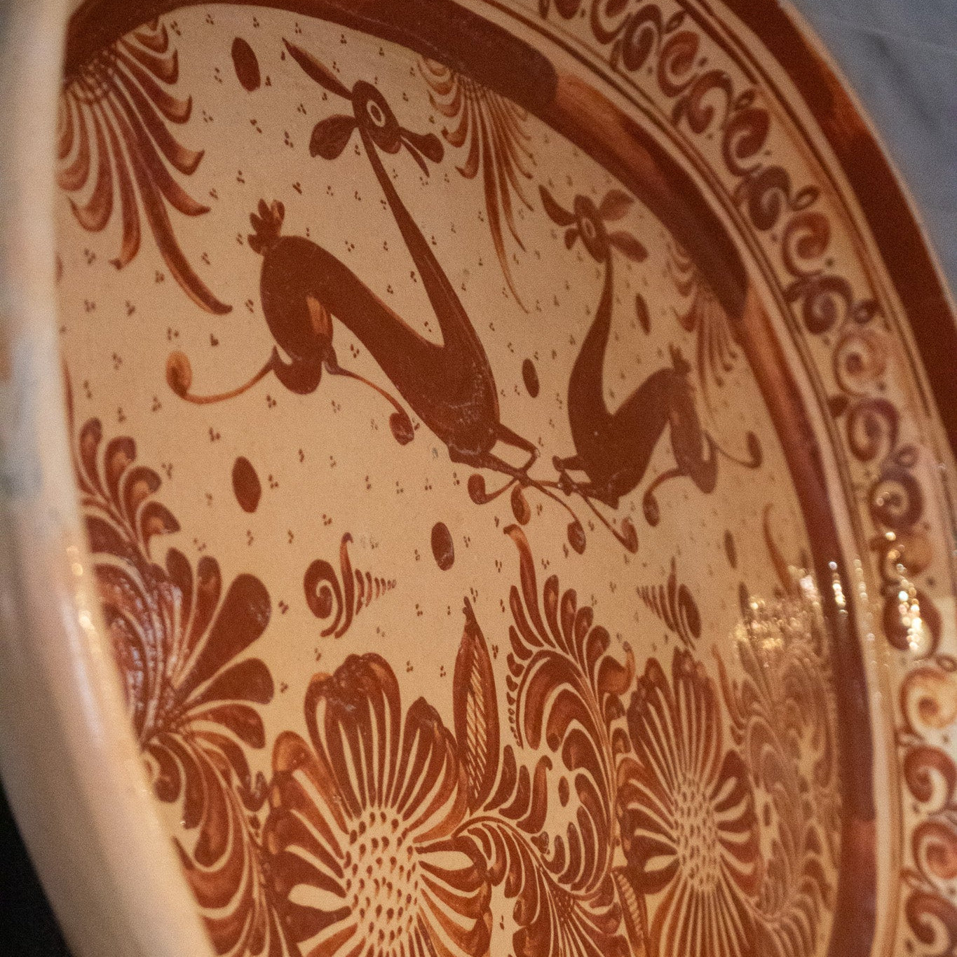 Rare Authentic Antique 1940s Traditional Talavera Hand Throw Red Clay Earthenware Pottery Large Makers Stamp Mexican Serving Platter with Beautifully Hand Painted Custom Glaze Animal Scene