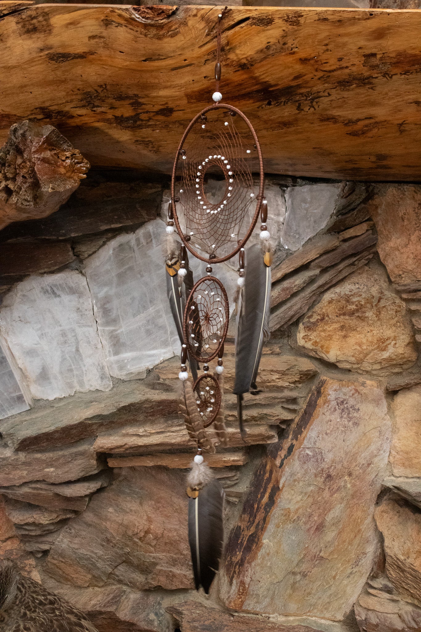 Dark Brown Dream Catcher with Braided Flower and Large Feather Tassels