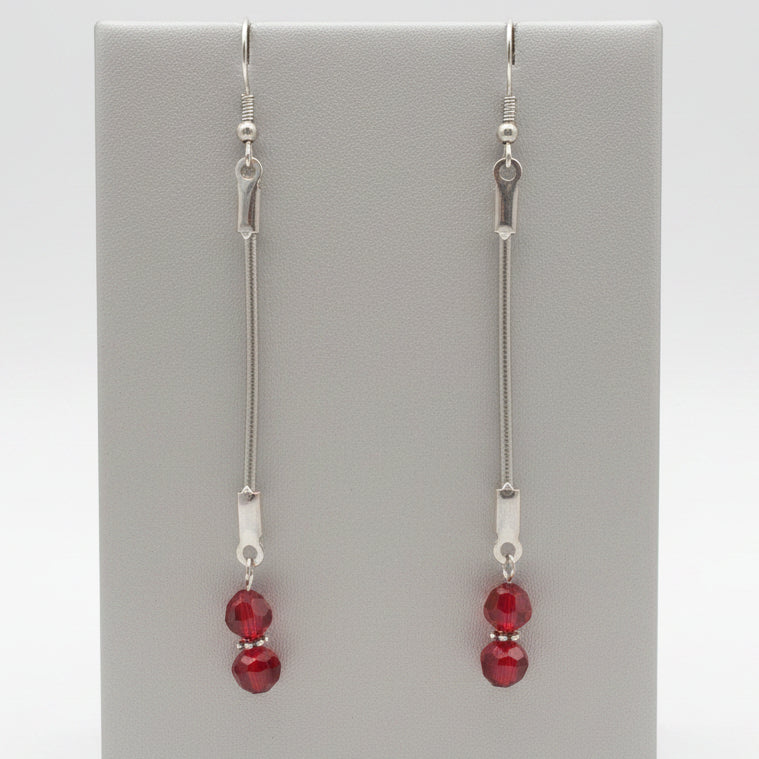 Homemade Dangle Silver and Red Bead Earrings