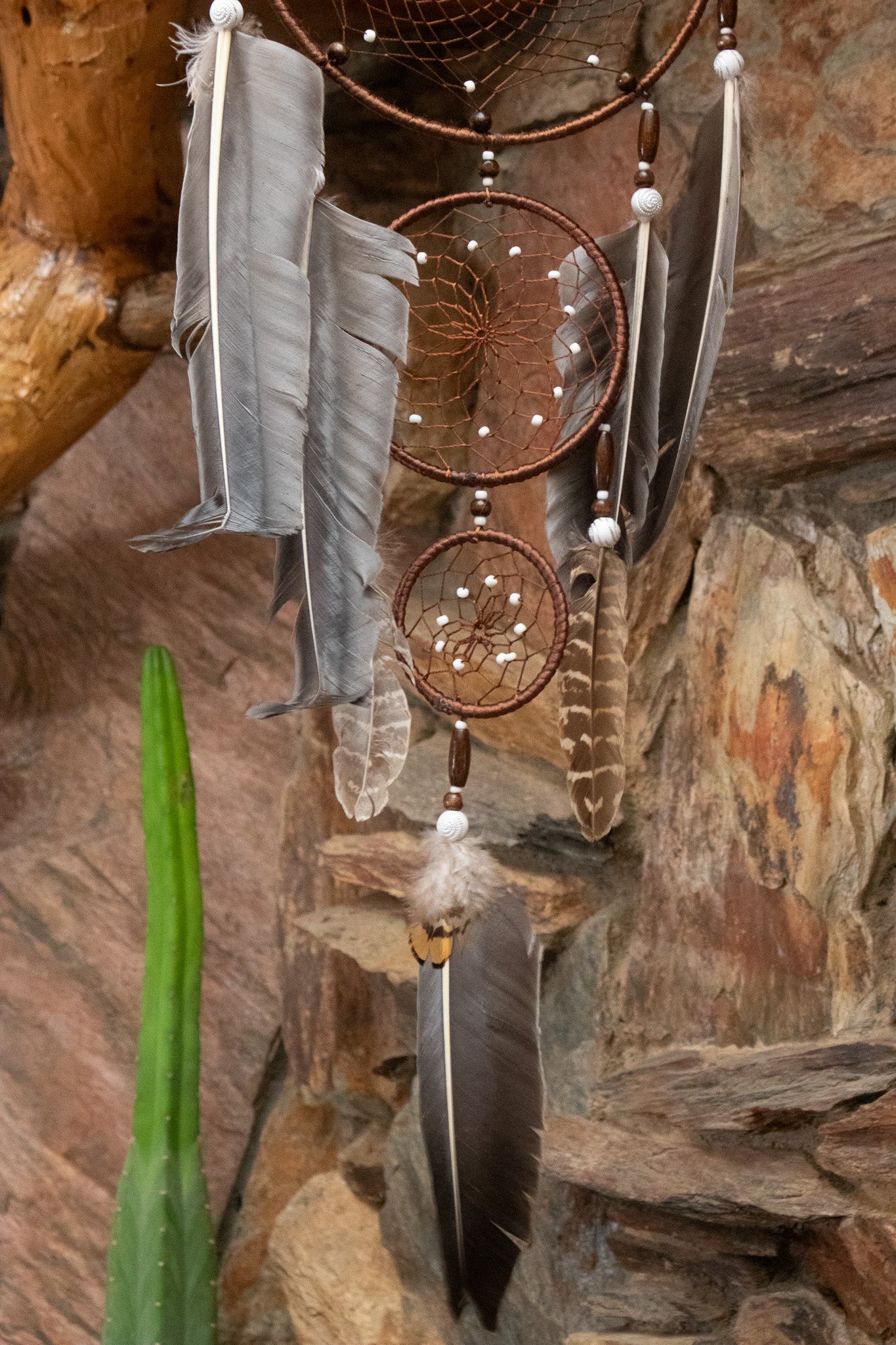 Dark Brown Dream Catcher with Braided Flower and Large Feather Tassels