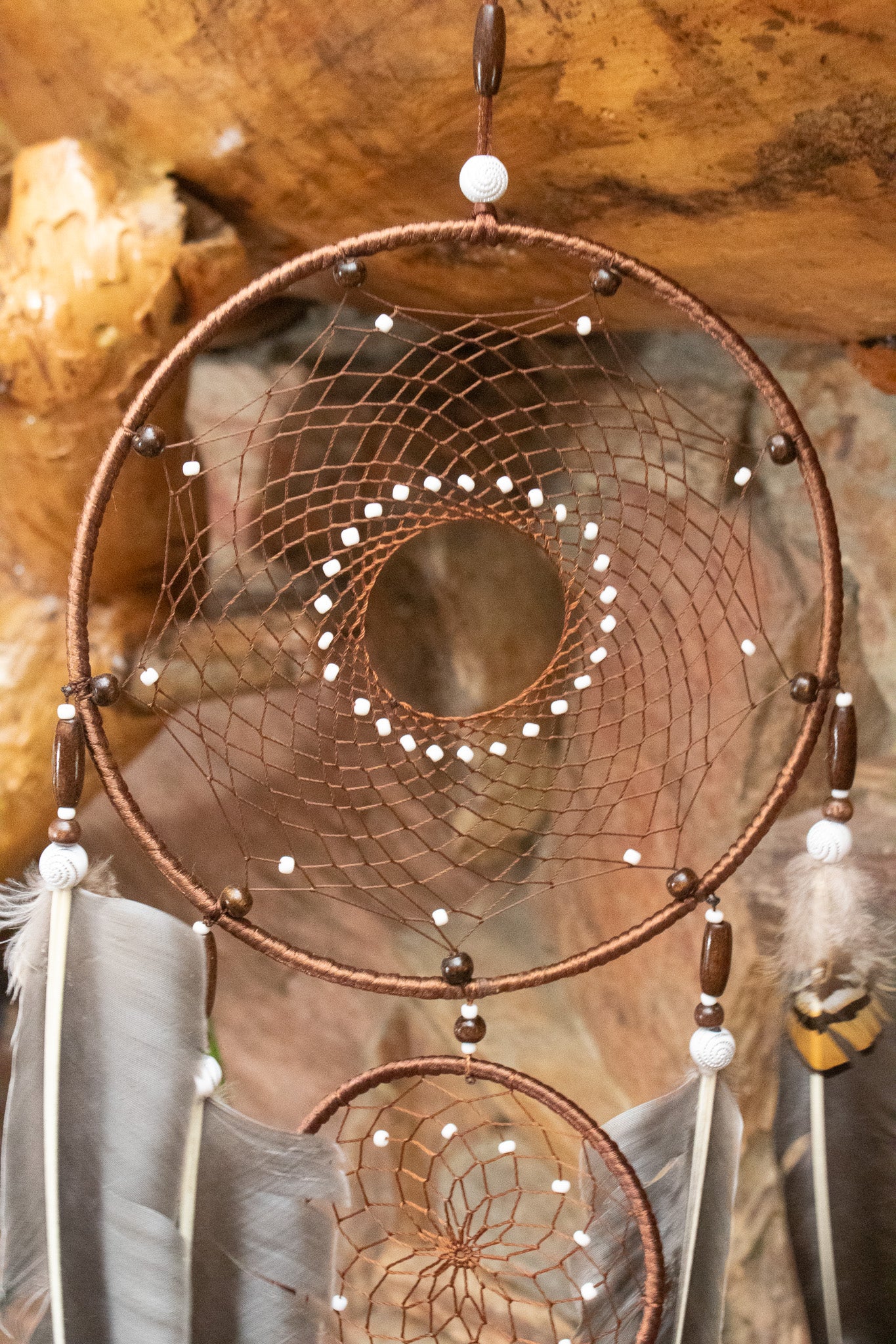 Dark Brown Dream Catcher with Braided Flower and Large Feather Tassels