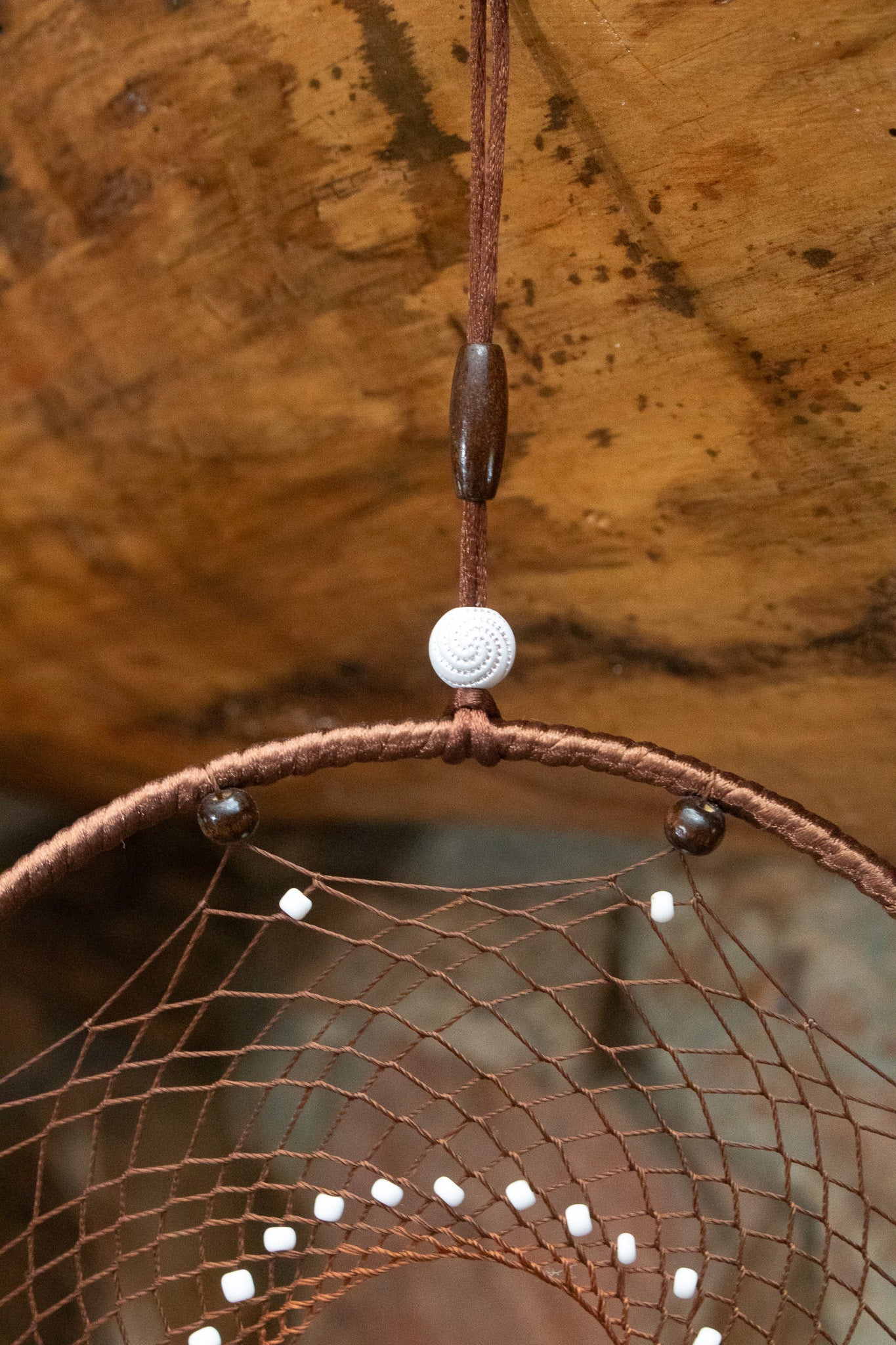 Dark Brown Dream Catcher with Braided Flower and Large Feather Tassels