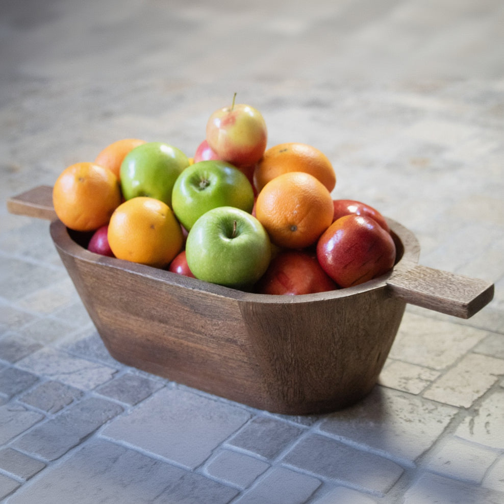 Wood Serving Bowl with Flat Handles - Large and Deep