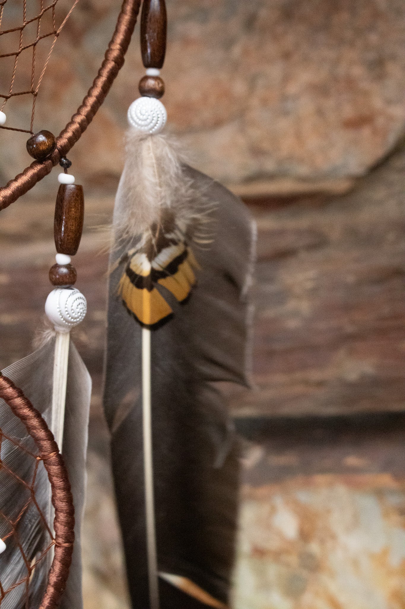 Dark Brown Dream Catcher with Braided Flower and Large Feather Tassels