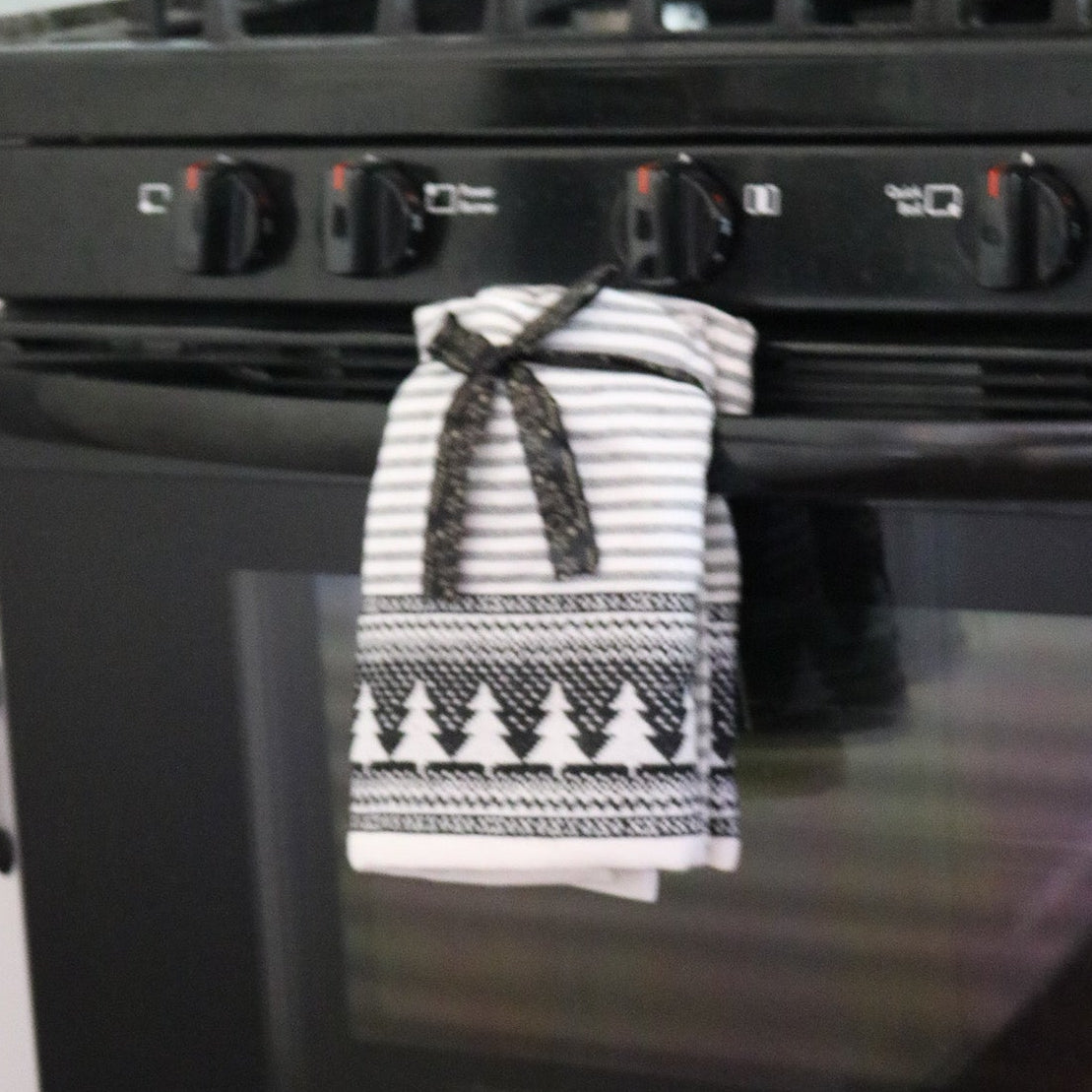 Balsam & Fir Trading Co. Set of 2 White Hand Towels with Christmas Trees & Black Lines