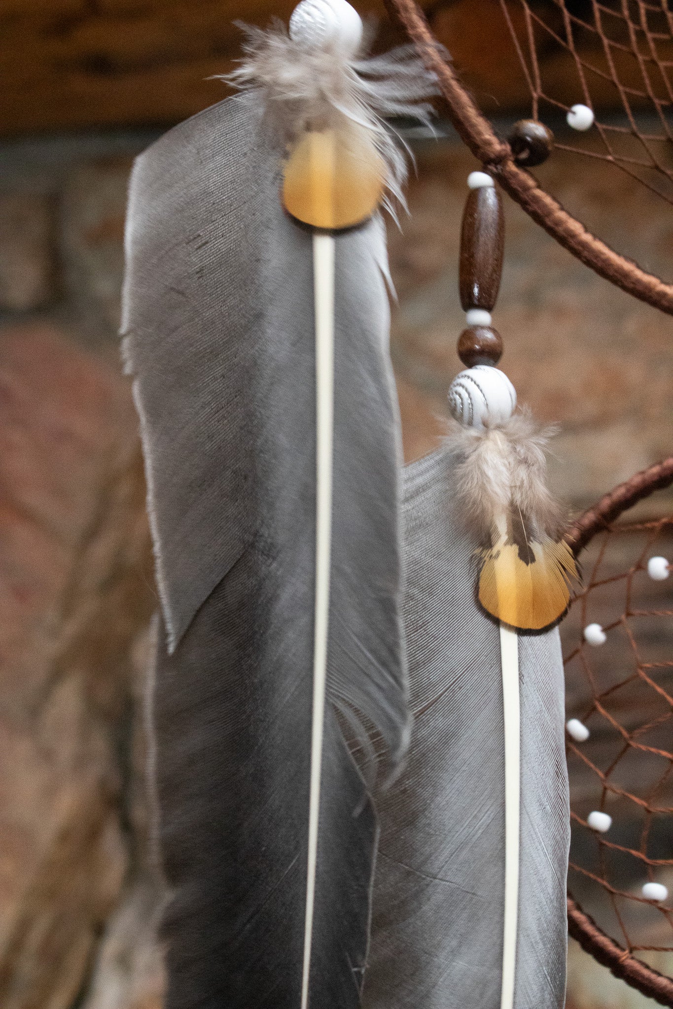 Dark Brown Dream Catcher with Braided Flower and Large Feather Tassels
