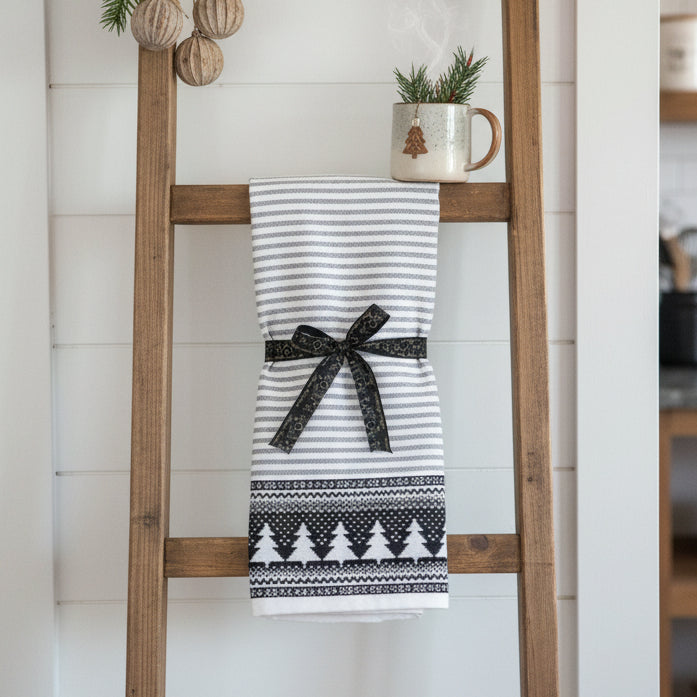 Balsam & Fir Trading Co. Set of 2 White Hand Towels with Christmas Trees & Black Lines