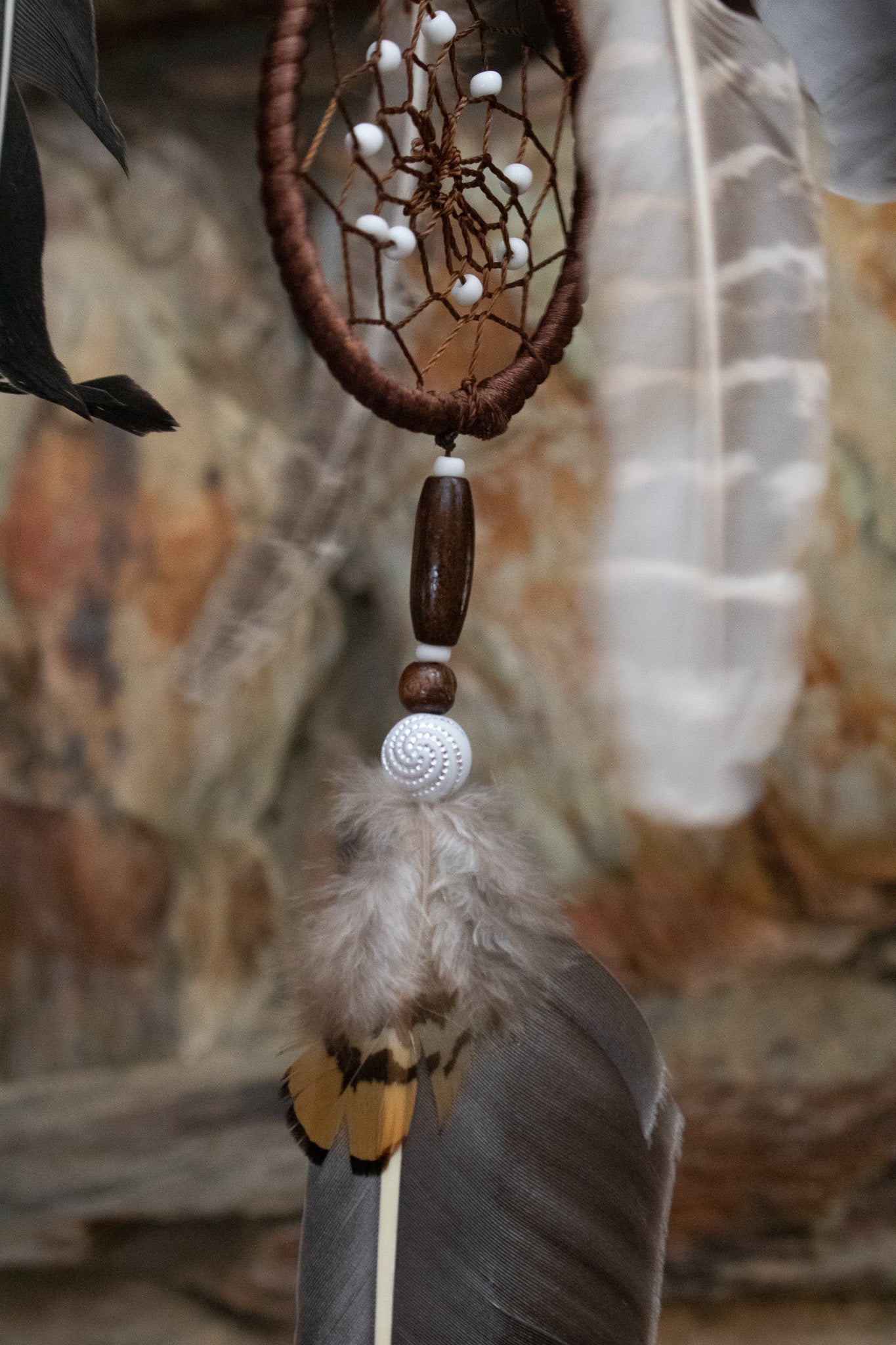 Dark Brown Dream Catcher with Braided Flower and Large Feather Tassels