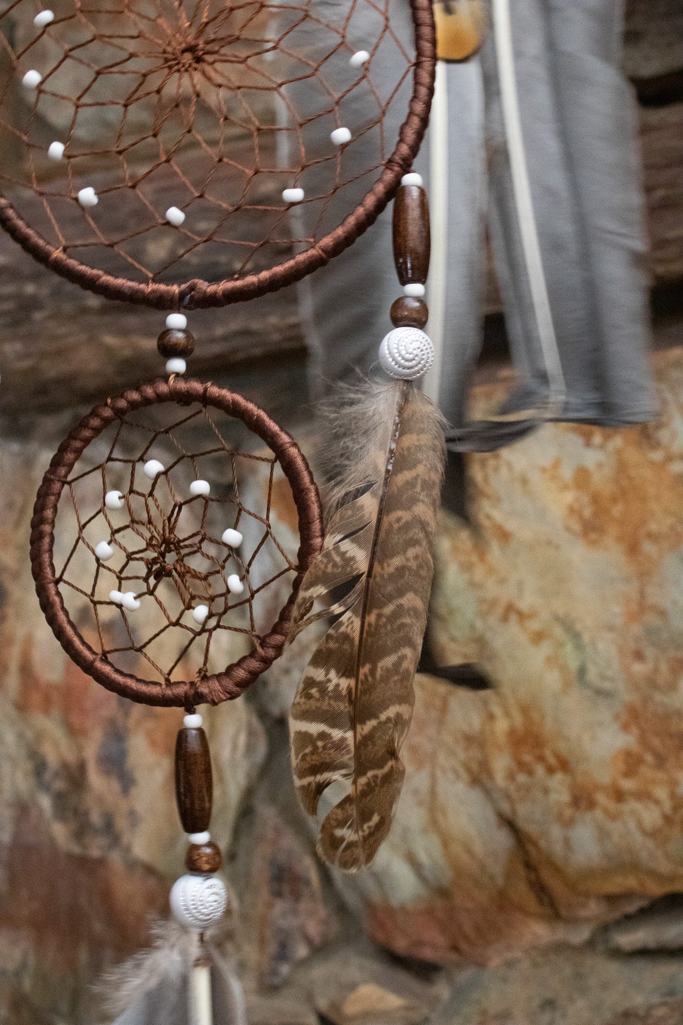 Dark Brown Dream Catcher with Braided Flower and Large Feather Tassels