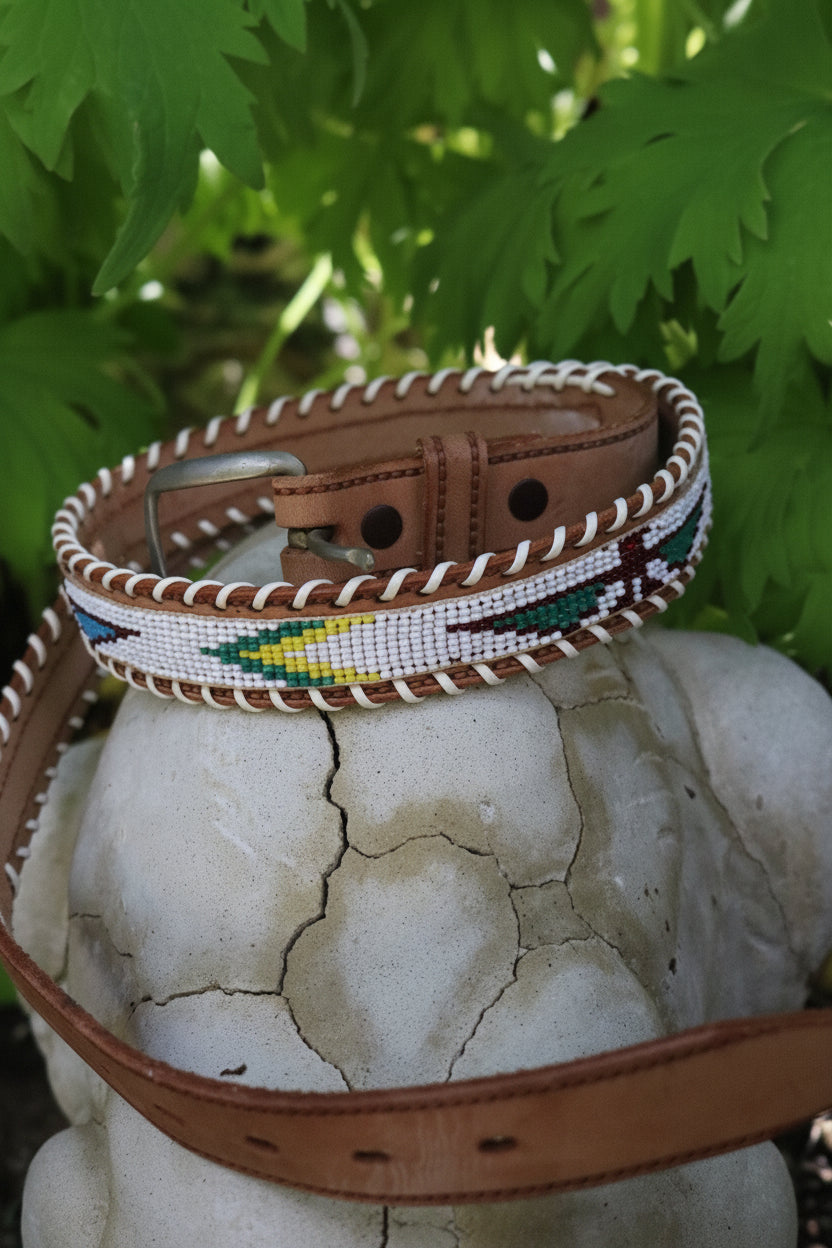 Hand-beaded Cowhide Belt