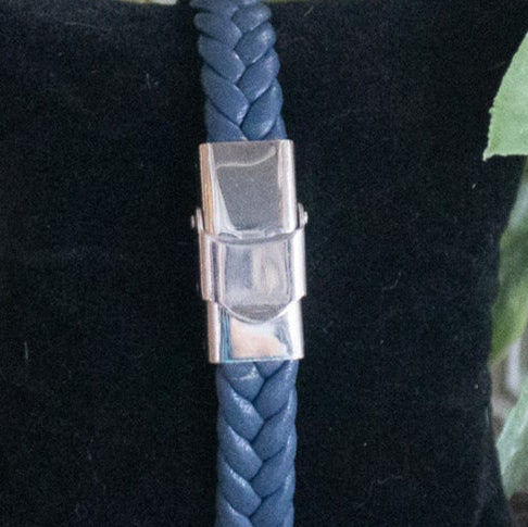 Navy-Blue Leather Braided Bracelet with Stainless Steel Charm
