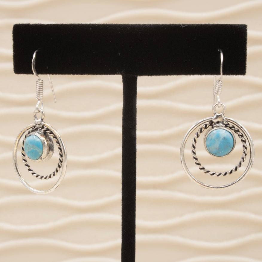 Circle Larimar Silver Drop Dangle Earrings