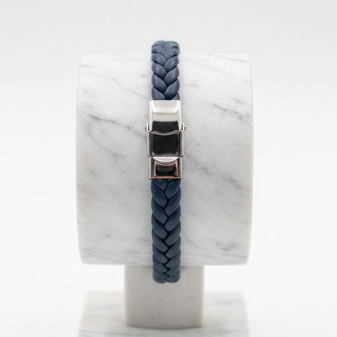 Navy-Blue Leather Braided Bracelet with Stainless Steel Charm