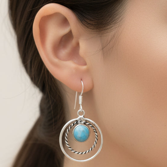 Circle Larimar Silver Drop Dangle Earrings