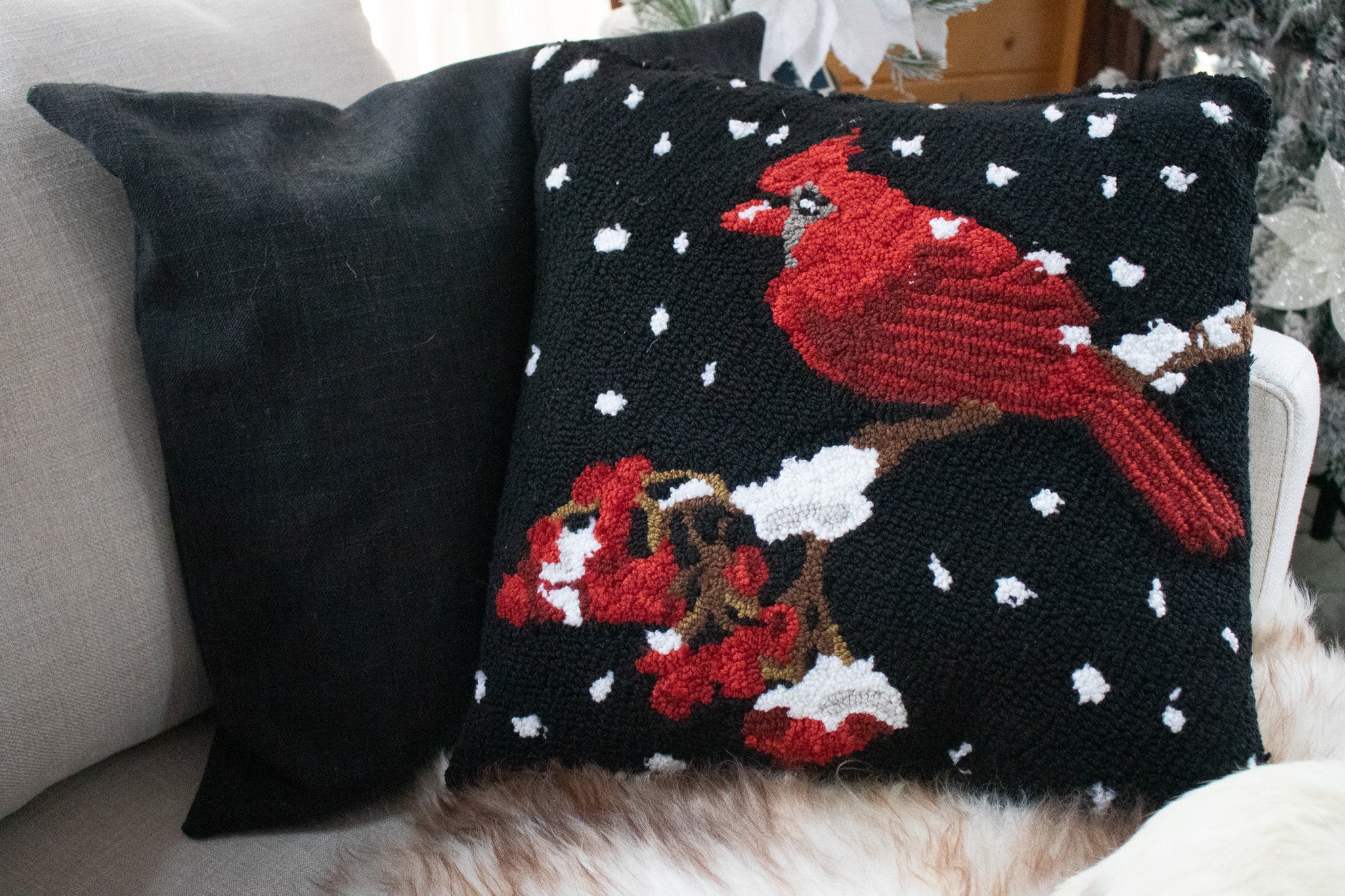 Black Mina Victory Home Collection Hook Rug Throw Pillows with Red Cardinal perched on Snowy Tree Branch