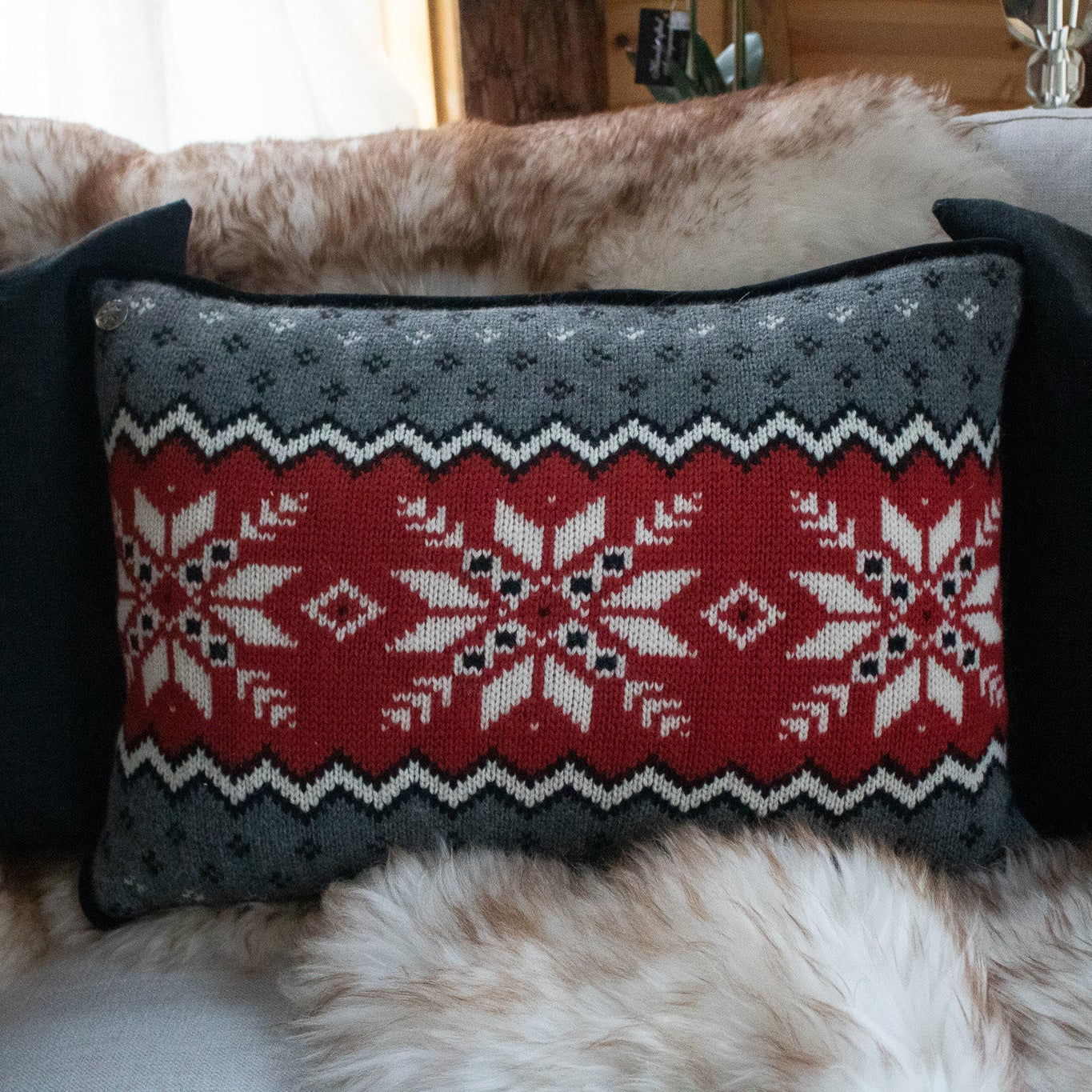 Classic Chandler Four Corners Nordic Style Knit  Red, White, Grey, and Black  Decorative Throw Pillows With Iconic Snowflakes Design
