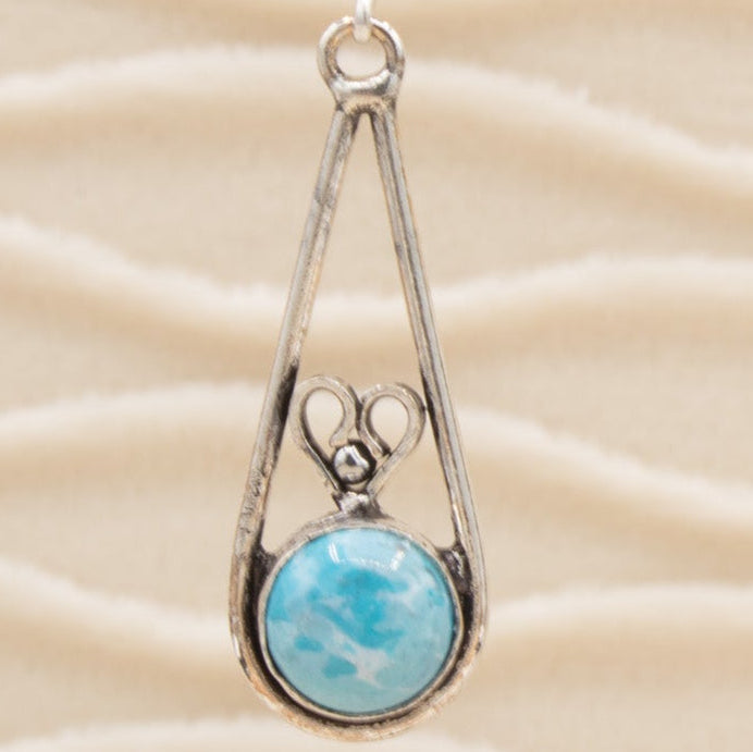 Circle Larimar Silver Heart Design Dangle Earrings