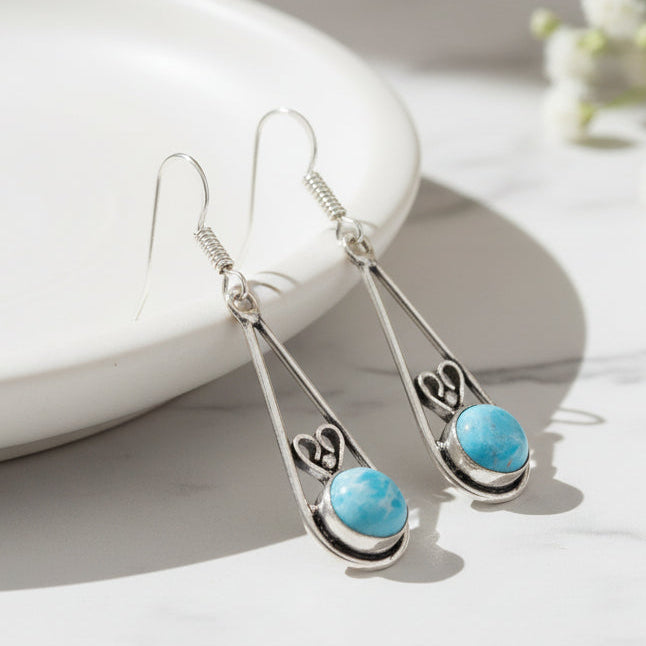 Circle Larimar Silver Heart Design Dangle Earrings
