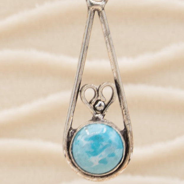 Circle Larimar Silver Heart Design Dangle Earrings