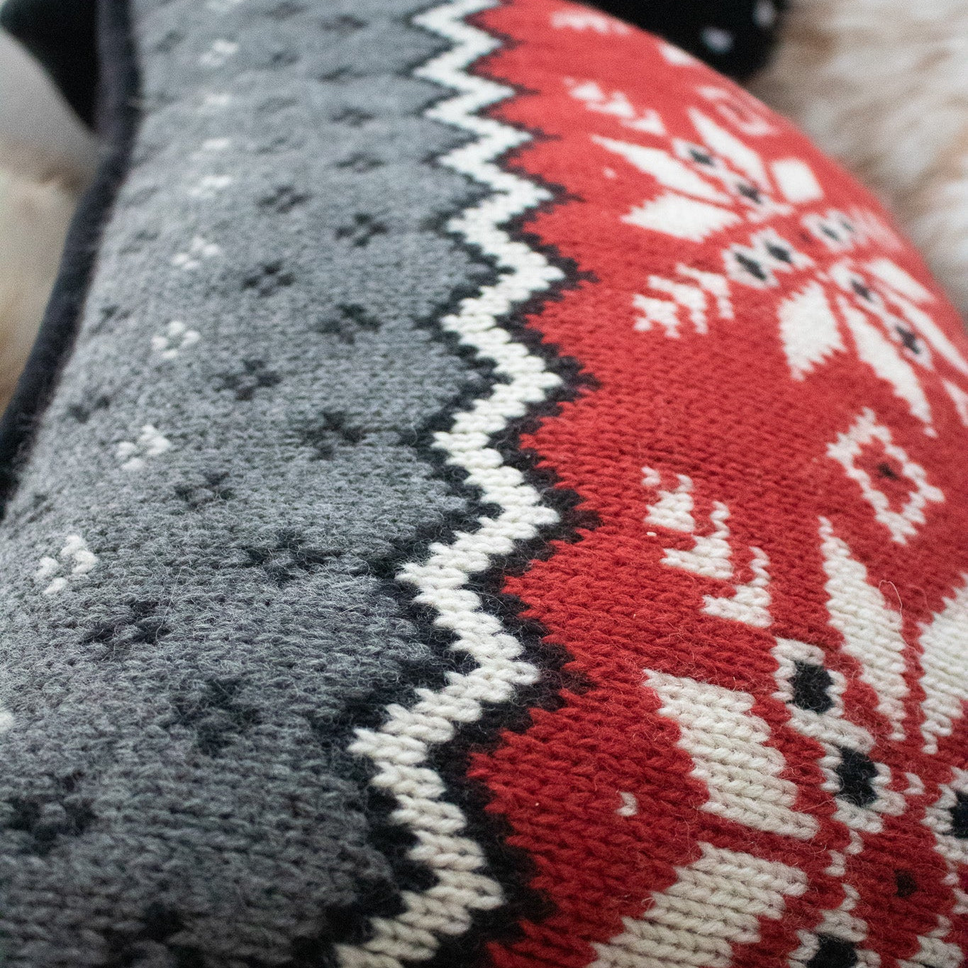 Classic Chandler Four Corners Nordic Style Knit  Red, White, Grey, and Black  Decorative Throw Pillows With Iconic Snowflakes Design