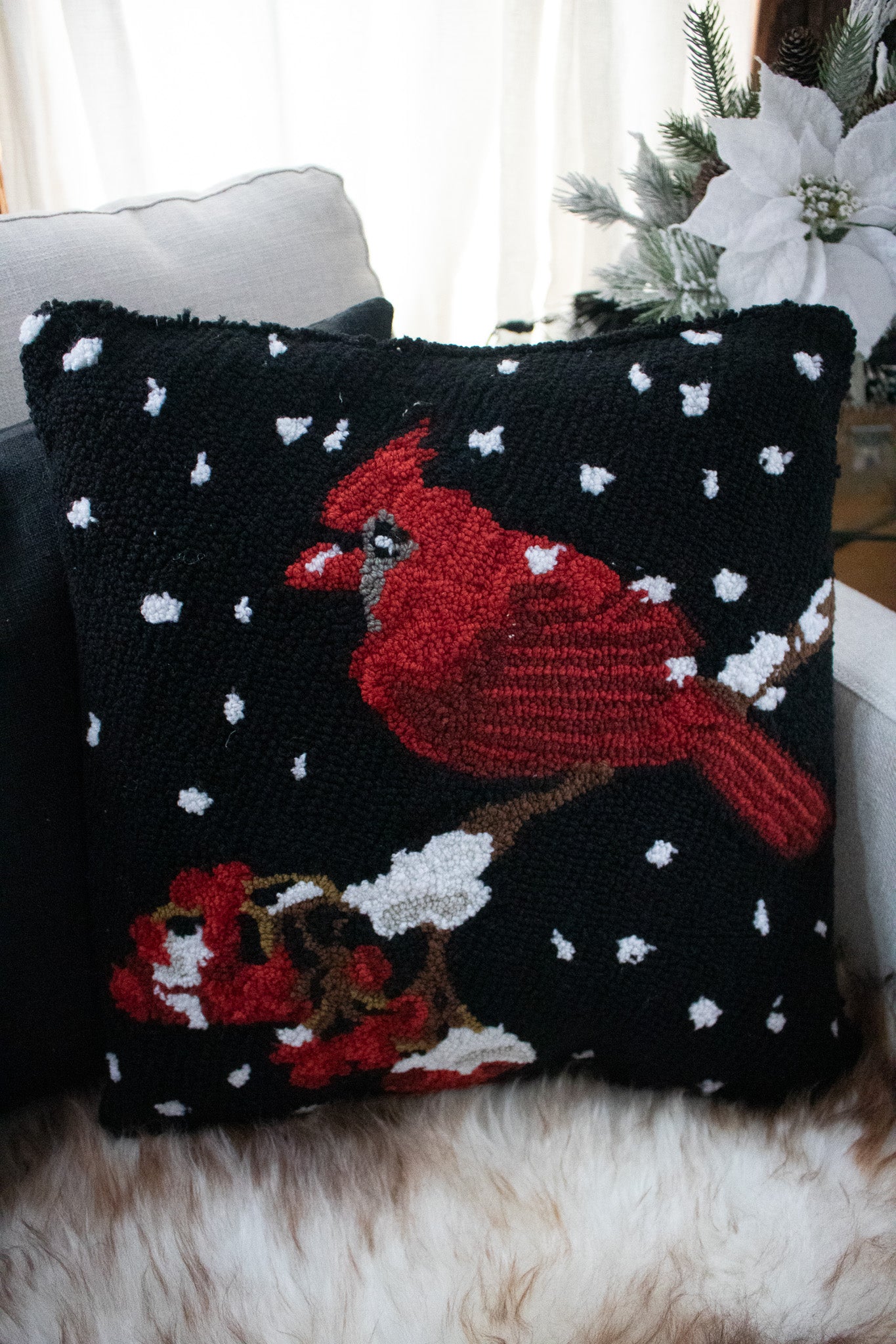 Black Mina Victory Home Collection Hook Rug Throw Pillows with Red Cardinal perched on Snowy Tree Branch