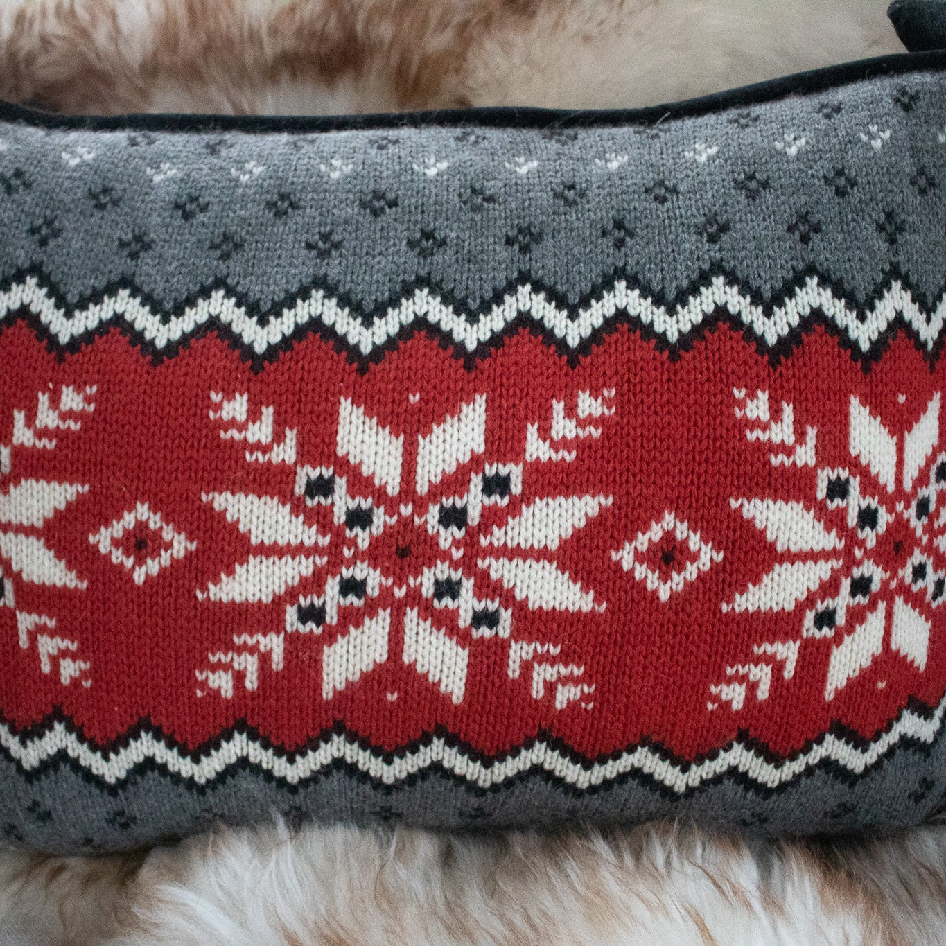 Classic Chandler Four Corners Nordic Style Knit  Red, White, Grey, and Black  Decorative Throw Pillows With Iconic Snowflakes Design