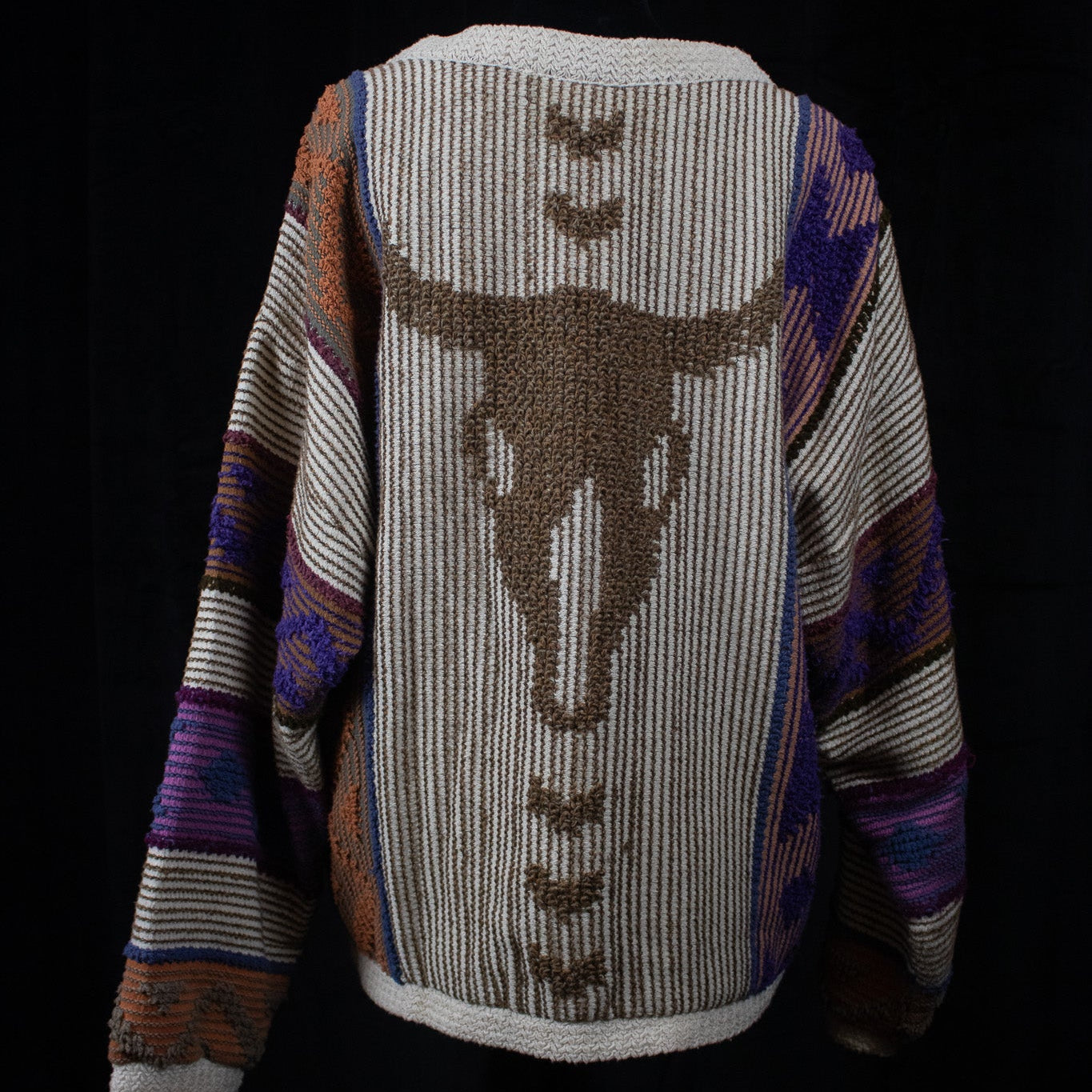 Allen Wah Collection Western tan Cow Skull Multi - Colored Pull - Over Sweater with Lining