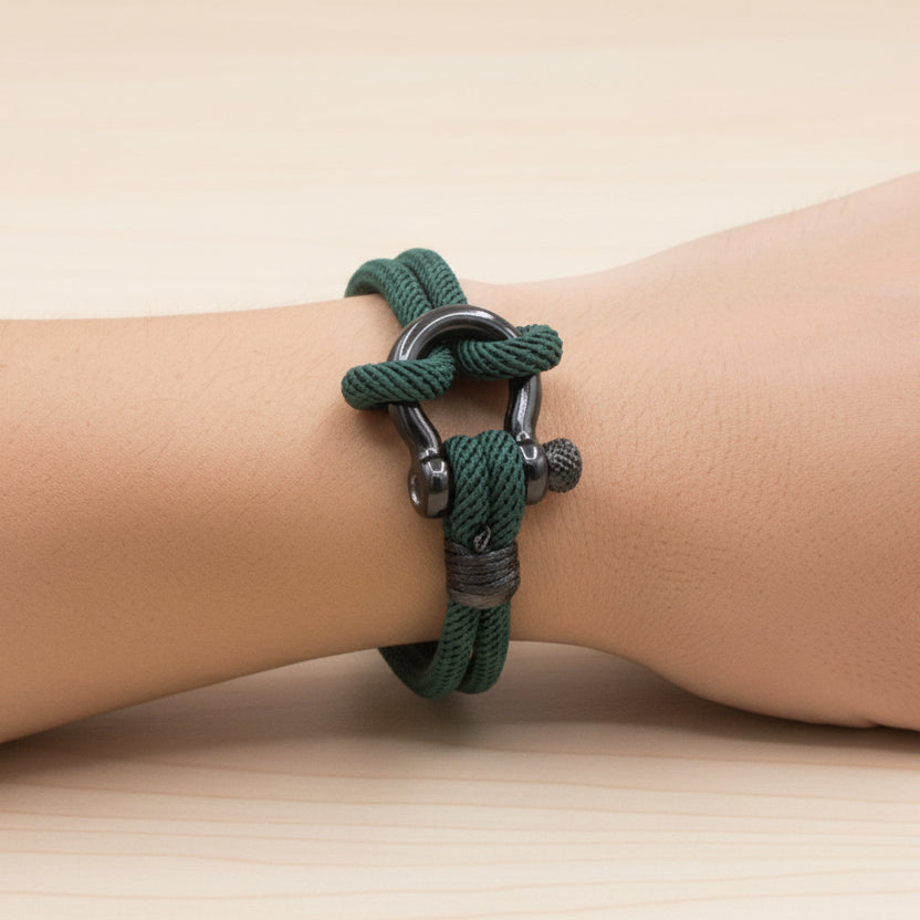 Green Heavy Duty Jute Cord Bracelet with Black Aluminum Clevis Bow Shackle