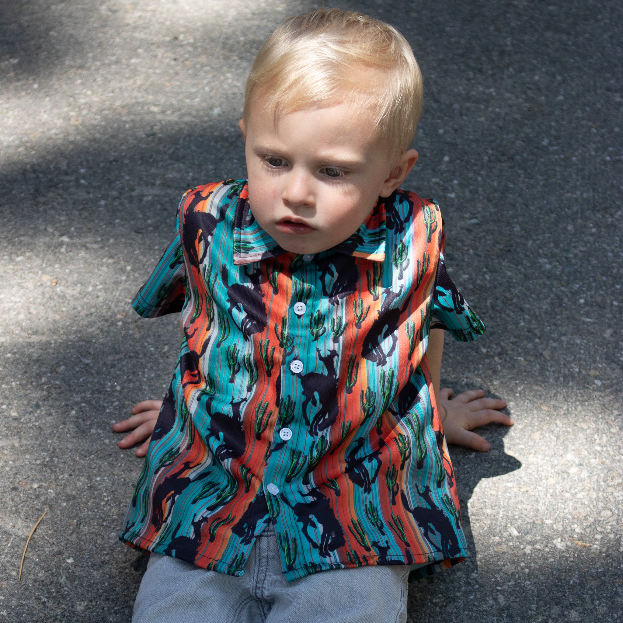 Boys Bull And Cactus Striped Short Sleeves Button Down Shirt Multicolor