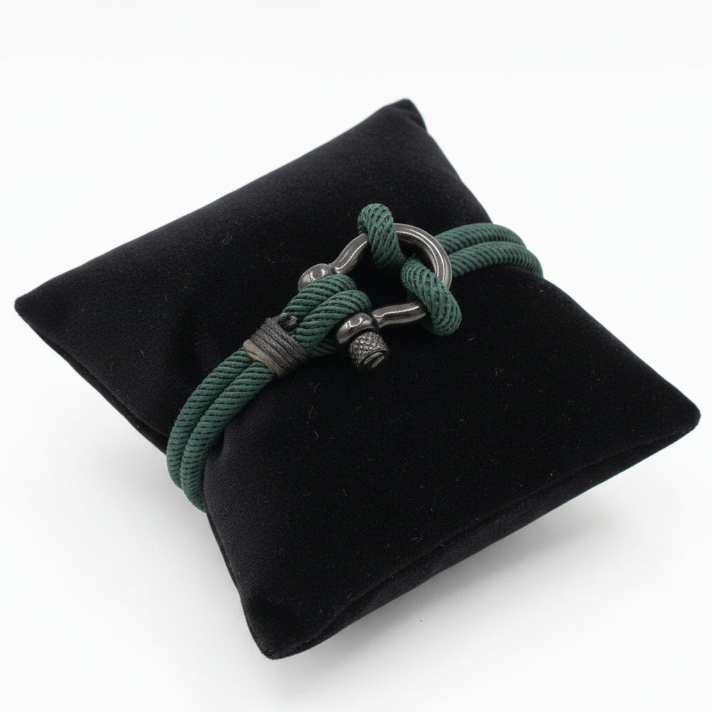 Green Heavy Duty Jute Cord Bracelet with Black Aluminum Clevis Bow Shackle