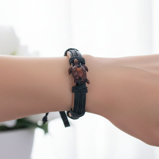 Brown Leather and Jute Cord with Turtle Resin Charm Adjustable Bracelet
