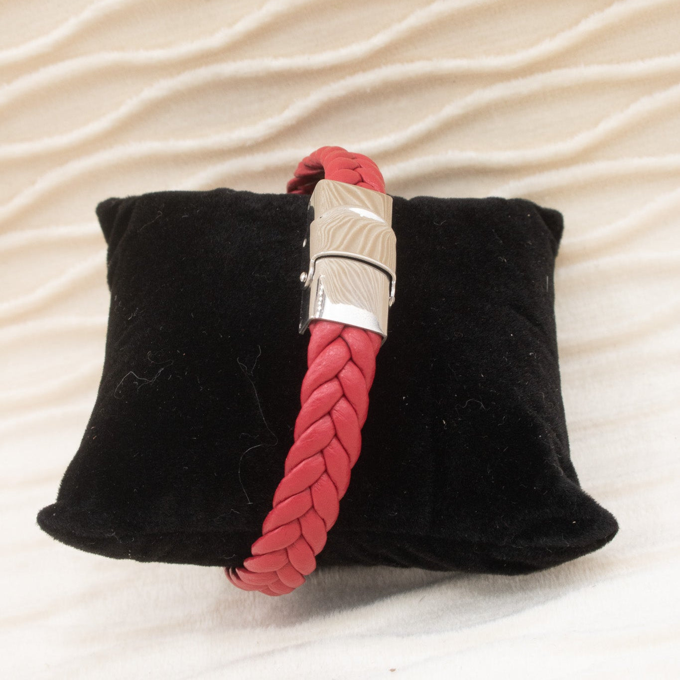 Red Leather Braided Bracelet with Stainless Steel Charm