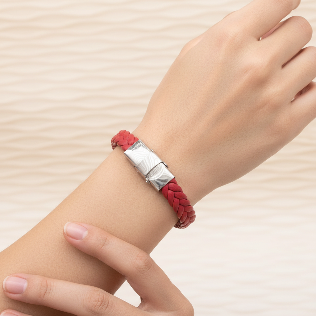 Red Leather Braided Bracelet with Stainless Steel Charm