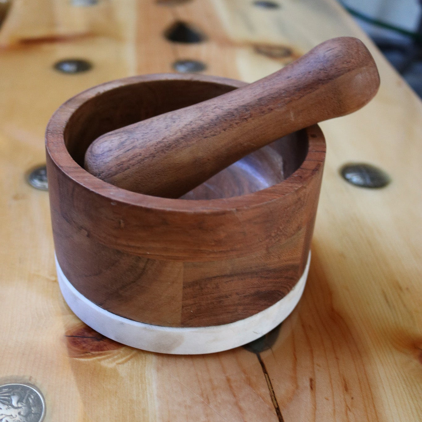 Natural Wood Mortar and Pestle with White Base
